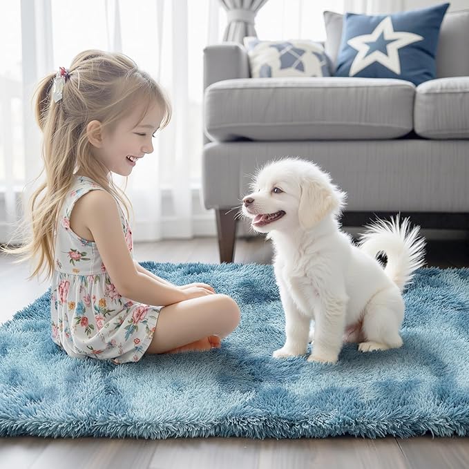 Super Soft Shaggy Area Rugs for Bedroom 4x6 Feet, Shaggy Plush Living Room Shag Furry Floor Rugs, Non-Shedding Indoor Rugs for Living Room Decor(4 x 6, Dark Blue Tie-Dyed)