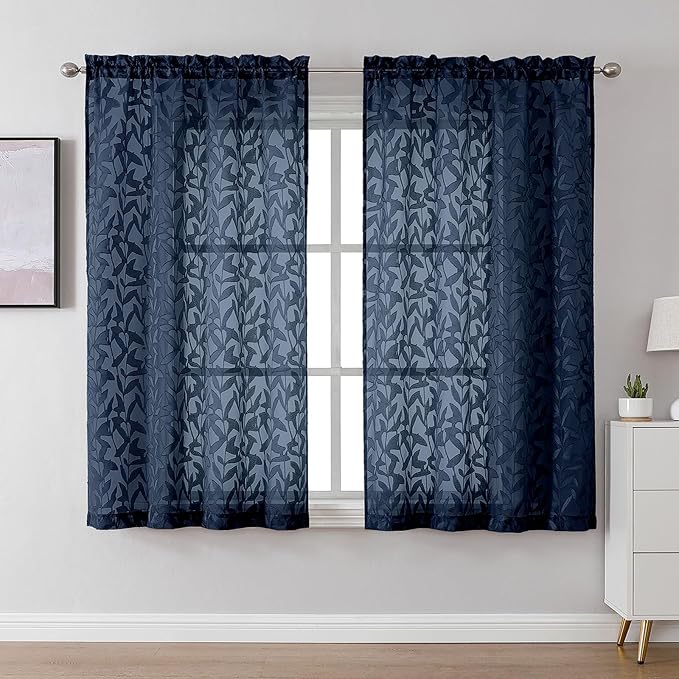 Lecloud Leia Navy Blue Sheer Curtains 54 Inch Length 2 Pcs, Rod Pockets Bedroom Curtains for Living Room Decor, Light Filtering Jacquard Leaf Textured Farmhouse Drapes, Each Panel 42" W x 54" L