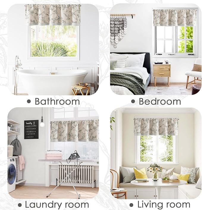 jinchan Floral Curtain Valance for Windows 16 Inch Linen Valance for Kitchen Living Room Rustic Cottage Farmhouse Flower Butterfly Curtain Rod Pocket 1 Panel Double Layer Blackout Grey on Beige