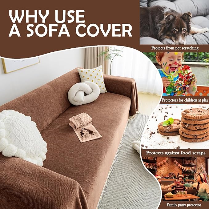 HANDONTIME Boho Style Sofa Cover with Tassels, Washable & Non-Slip Couch Cover for 3 Cushion Sofa, Herringbone Pattern Pet-Friendly Sofa Slipcover, Chocolate Color, 91"x150", Living Room Decor
