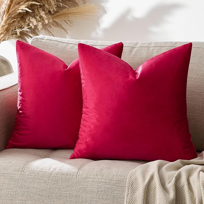 GIGIZAZA Red Velvet Decorative Throw Pillow Covers for Sofa Bed 2 Pack Soft Cushion Cover 20x20