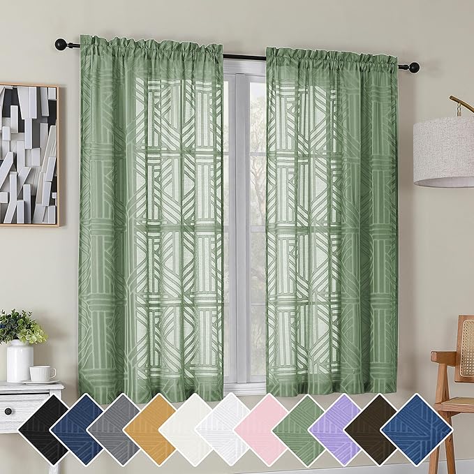Simplebrand Sage Green Semi Sheer Curtains 54 Inch Length 2 Panels, Geometric Jacquard Clip Textured Short Sheer Curtains for Bedroom，Modern Elegant Window Curtains Drapes/Treatment Sheer，42x54 inch