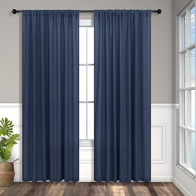 Navy Blue Curtains 72 Inch Length for Living Room Pair Set Back Tab Pocket Linen Panel Light Filtering Semi Sheer Dark Blue Curtains for Bedroom Door Picture Window Village Apartment Canopy 52x72 Long