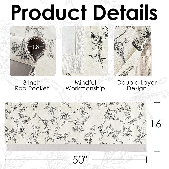 jinchan Floral Curtain Valance for Windows 16 Inch Linen Valance for Kitchen Living Room Rustic Cottage Farmhouse Flower Butterfly Curtain Rod Pocket 1 Panel Double Layer Blackout Black on Beige