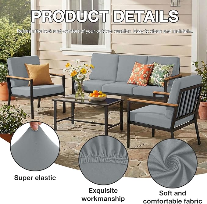 hyha 12Pcs Patio Cushion Covers, Stretch Outdoor Couch Cushion Covers Replacement, Washable Outdoor Chair/Sofa Slipcovers for Patio Furniture Cushions Protector with Elastic Bottom(Gray,Cover Only)