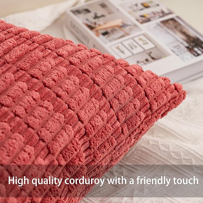 Pack of 2 Corduroy Decorative Throw Pillow Covers 20x20 InchSoft Boho Striped Pillow Covers Modern Farmhouse Home Decor for Sofa Living Room Couch Bed（Cranberry Red）