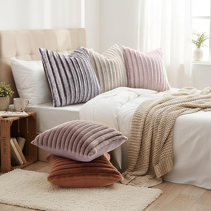 decorUhome Summer Cozy Faux Fur Throw Pillow Covers 20x20 Set of 2 Decorative Soft Plush Striped Modern Farmhouse Boho Couch Pillow Cases with Velvet Back for Sofa Bed Living Room, Pink White