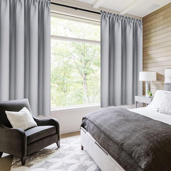 DWCN Blackout Curtains Room Darkening Thermal Insulated Bedroom Curtains Window Curtain Panels, 38 x 45 inches Long, Set of 2 Silver Grey Rod Pocket Drapes