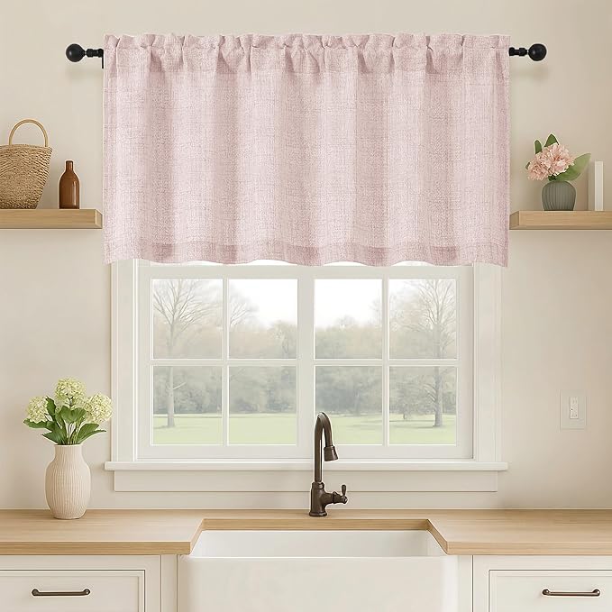 OVZME Blush Pink Valance for Windows, Light Filtering Faux Linen Textured Small Cafe Valances for Windows, Dual Rod Pocket Farmhouse Short Curtain for Bathroom Basement, 60Wx24L inch, 1 Piece