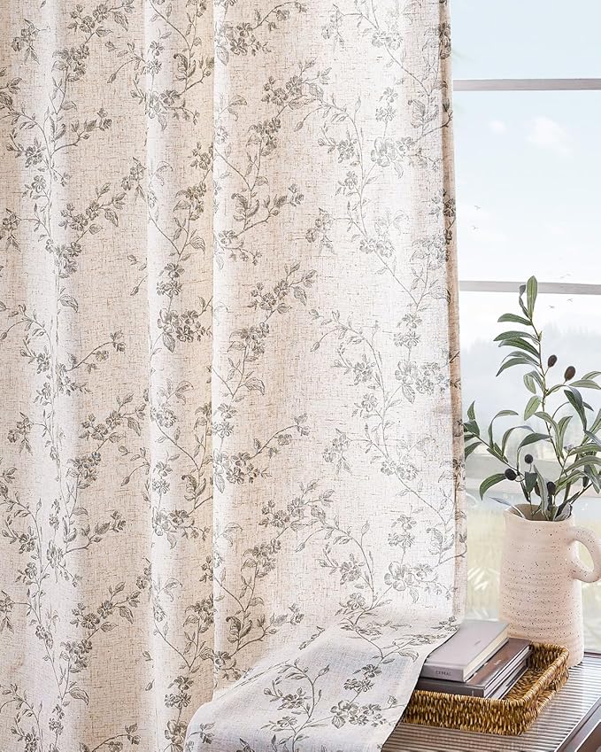 Lazzzy Grey Floral Linen Curtains 96 Inch Farmhouse Back Tab Drapes for Living Room Bedroom Light Filtering Vintage Grandmillennial Rod Pocket Curtains, 2 Panels, W38 x L96, Grey on Beige