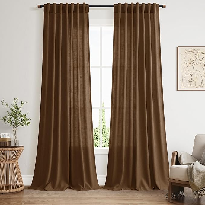 Tobacco Brown Linen Curtains 102 Inches Rod Pocket Back Tab Drapes 2 Panels Set for Living Room Bedroom Light Filtering Semi Sheer Tobacco Brown Curtain 102 Length for Patio Door 52x102