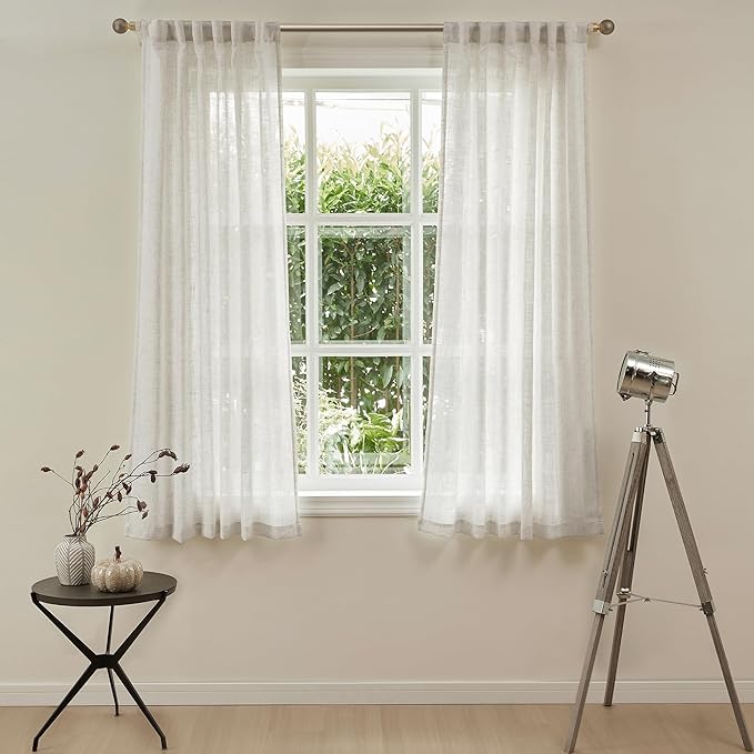 MYSKY HOME Farmhouse Kitchen Curtains 54 inches Long, Boho Curtain Panels Farmhouse Style Flax Linen Polyester Blend Texture for Home Decor, Light Soften Privacy Drapes, Linen, Pack-2