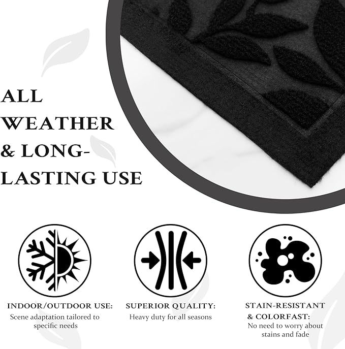 Black Leaves Outdoor Indoor Entrance Door mat, Absorbent Durable Heavy Duty Welcome Front Door Mat,Thick Natural Rubber Back,Easy Clean Entryway Mat 47x32 Inch, Low Profile