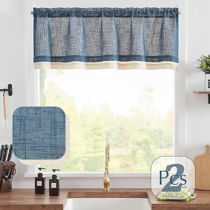 jinchan Linen Farmhouse Valances for Living Room Windows 16 Inch Slubbed Crossed Double Layer Window Valances Light Filtering Rustic Country Overlay Rod Pocket 2 Panels Navy Blue