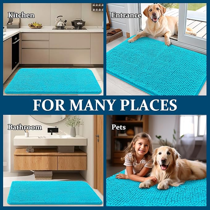 OLANLY Dog Door Mat for Muddy Paws 40x32, Absorbs Moisture and Dirt, Absorbent Non-Slip Washable Doormat, Quick Dry Chenille Mud Mat for Dogs, Entry Indoor Entryway Carpet for Inside Floor, Aqua Blue