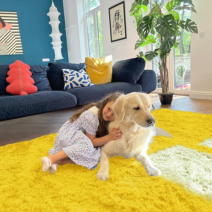 OLANLY 9x12 Machine Washable Large Area Rugs for Living Room, Bedroom, Soft Fluffy Shaggy Bedside Rug, Indoor Floor Carpet for Kids Girls and Boys, Dorms, Nursery, Home Decor Aesthetic, Yellow