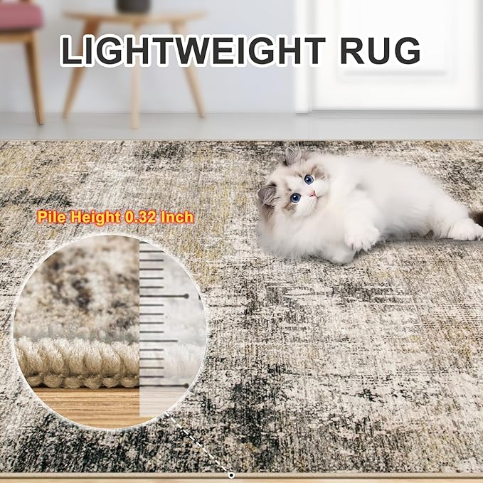 Area Rugs 10x14 Living Room - Washable Rug Modern Abstract Soft Large Neutral Non-Slip Carpet Indoor Floor Thin Carpets for Bedroom Dining Room Farmhouse Nursery Home Office Brown Black Grey