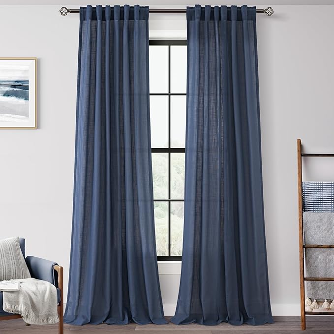 Navy Blue Curtains 108 inch Length for Bedroom Back Tab Light Filtering Semi Sheer Blue Living Room Curtains Linen Cotton Textured Indigo Blue Drapery Panel Modern Aesthetic Decor 42" Wx108" L