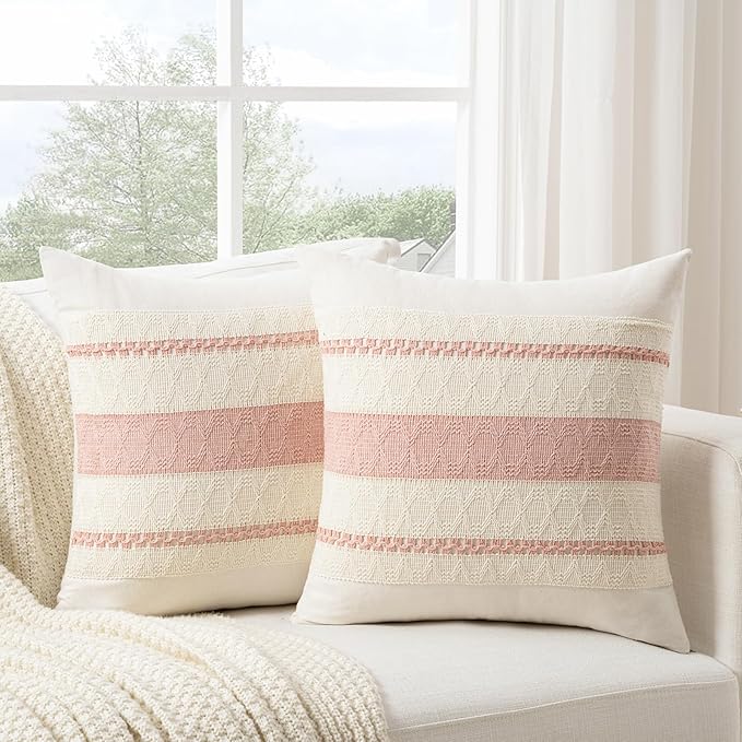 Fancy Homi Set of 1 Boho Pink Decorative Throw Pillow Cover 22x22 Inch for Couch Bed Sofa, Aesthetic Modern Organic Farmhouse Home Decor, Soft Cotton Cute Accent Macrame Woven Cushion Case