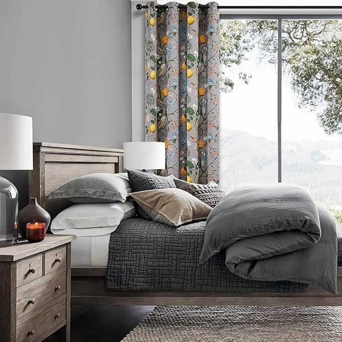 Topfinel Grey Curtains, Aesthetic Unique Rustic Thermal Insulated Noise Reducing Cottagecore Floral Flower Printed Modern Farmhouse Window Treatment 63 Inch Length 2 Panels Bedroom 52x63