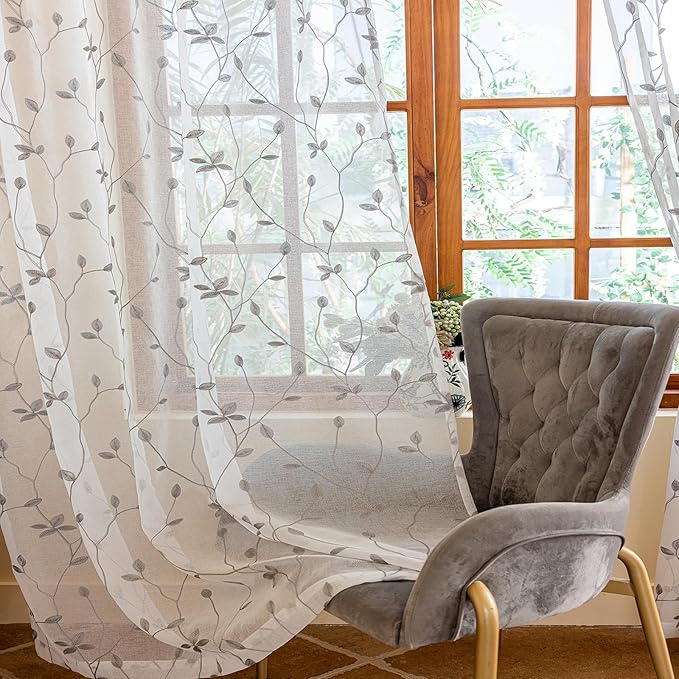 AmHoo 2 Panels Embroidered Leaf Pattern Semi Sheer Curtains Foliage Floral Voile Window Draperies Treatment for Bedroom Living Room Rod Pocket White Light Gray 53 x 84 Inch