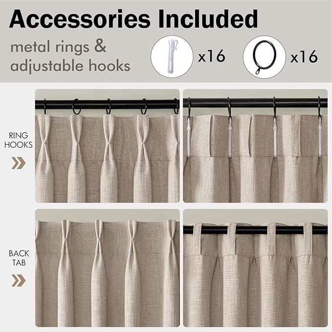 MIULEE Pinch Pleated Thick Linen Curtains 90 Inches Long 2 Panels for Living Room Bedroom, Linen Texture Memory Trained Drapes Pinch Pleat Rustic Farmhouse Window Curtains with Hooks&Rings, Taupe