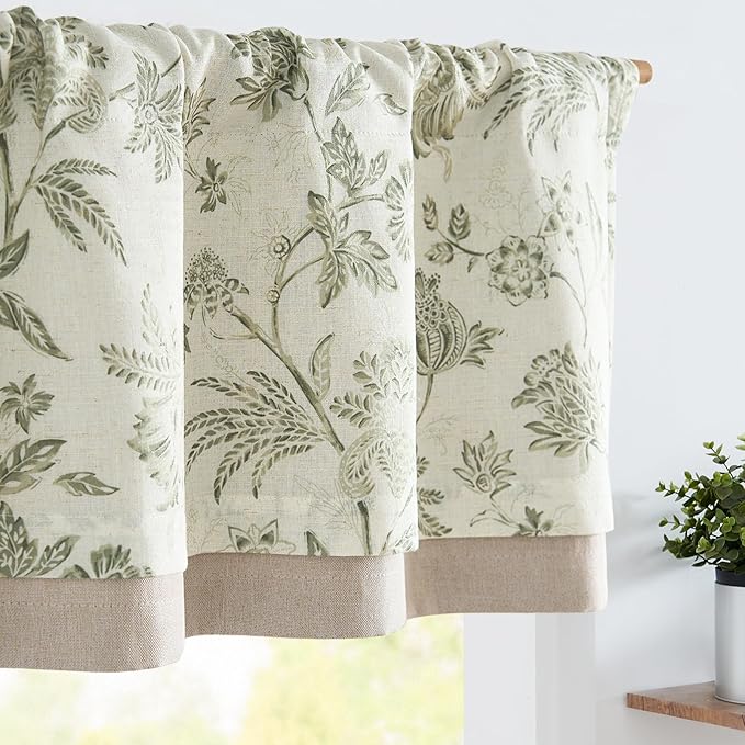 jinchan Floral Valance Curtain Linen Kitchen Valance for Windows 16 Inch Farmhouse Light Filtering Green Floral Short Window Treatment for Living Room 1 Panel Rod Pocket Double Layer Sage on Beige
