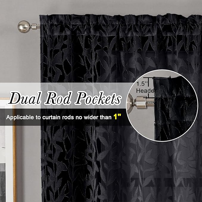 Lecloud Leia Black Sheer Valances for Windows 16 Inch Length 2 Pcs, Jacquard Leaf Textured Short Kitchen Curtains Over Sink, Dual Rod Pocket Cafe Curtains for Bathroom, Each Panel 28" W x 16" L