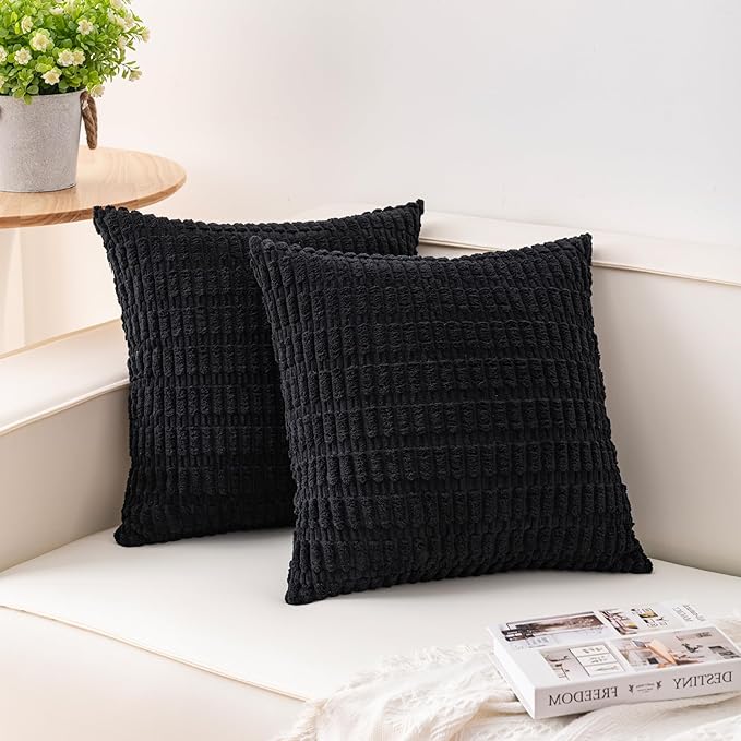Pack of 2 Corduroy Decorative Throw Pillow Covers 26x26 InchSoft Striped Pillow Covers Modern Farmhouse Home Decor for Sofa Living Room Couch Bed（Black）
