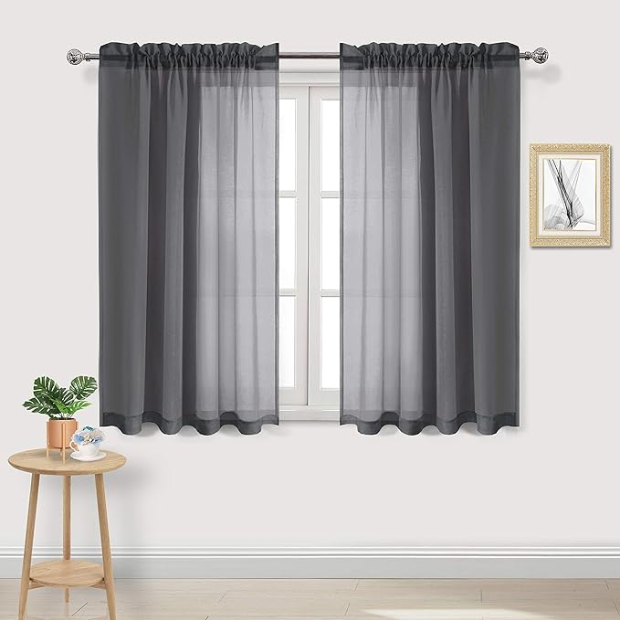 DWCN Dark Gray Sheer Curtains Semi Transparent Voile Rod Pocket Curtains for Bedroom and Living Room, 52 x 45 inches Long, Set of 2 Panels
