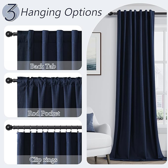 Guken Navy Blue 100% Blackout Curtains 72 Inch Length 2 Panels Set for Living Room Bedroom Back Tab Thermal Insulated Black Out Linen Drapes Room Darkening Window Curtains 72 Inches Long