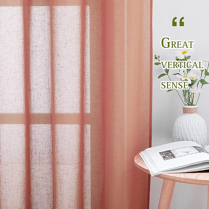 NICETOWN Linen Textured Semi Sheer Curtains for Large Windows, Ring Top Privacy with Light Filtering Flax Sheer Drapes for Bedroom/Living Room, Terracotta=Burnt Orange, W52 x L108, Set of 2