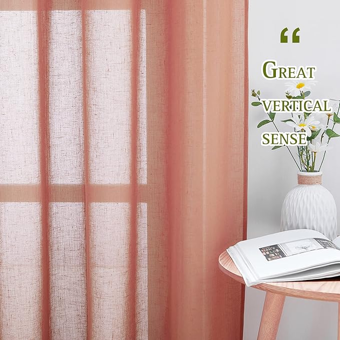 NICETOWN Semi Sheer Linen Patio Curtains for Sliding Door, Grommet Top Rustic Linen Burlap Curtains Privacy with Light Through Drapes for Bedroom/Home Office, Burnt Orange, W70 x L84, 1 Pair