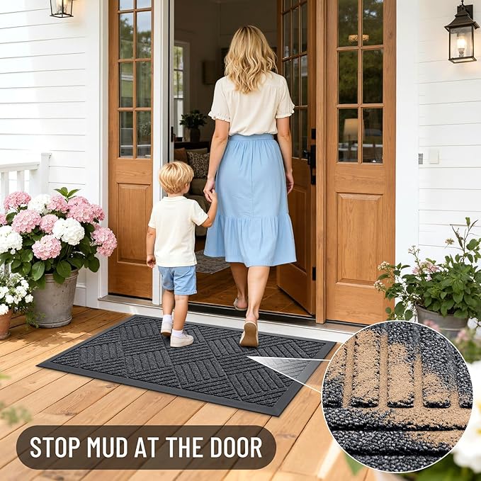OLANLY Front Door Mat Outside Entrance 47x23, Absorbent, Heavy Duty Sturdy Natural Rubber Doormat Indoor Outdoor, Stain Fade Resistant, Non-Slip Low Profile Floor Mat for Entryway, Black Gray Diamond