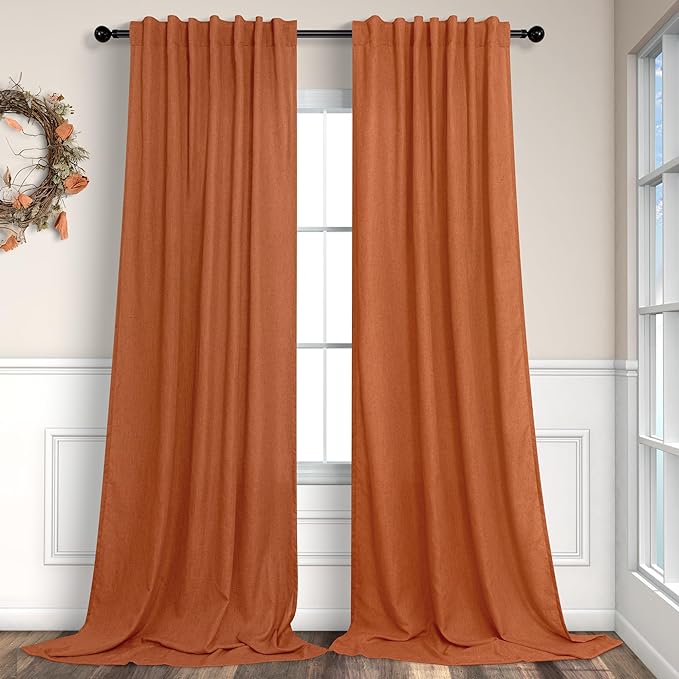 Pitalk Burnt Orange Linen Curtains 102 Inches Long for Living Room 2 Panels Set Back Tab Pocket Fall Drapes Semi Sheer Light Filtering Rust Terracotta Curtain 102 Length for Patio Sliding Door Bedroom