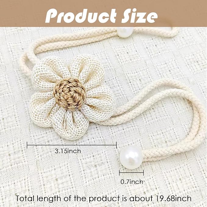 SRG 4pcs Handmade Pearl Curtain Tiebacks Boho Flower Curtain Holdbacks with Buckle Pins Simple Elegant Sunflower Rope Curtain Boho Bedroom Decor（Large Cream&Khaki）