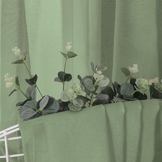 Tollpiz Sheer Curtain Linen Textured Bedroom Curtains Sheer Light Filtering Rod Pocket Voile Curtain for Living Room, 54 x 95 inches Long, Sage Green, Set of 2 Panels