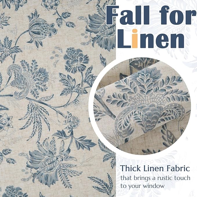 jinchan Floral Valance Curtain Linen Kitchen Valance for Windows 16 Inch Farmhouse Light Filtering Floral Short Window Treatment for Living Room 1 Panel Rod Pocket Double Layer Blue on Beige