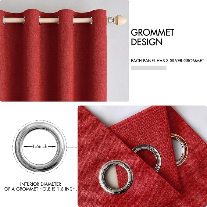 MIULEE 100% Blackout Linen Curtains for Bedroom Thermal Insulated Red Grommet Room Darkening Curtains & Drapes Christmas Decor for Living Room Nursery 52 x 84 Inch (2 Panels)