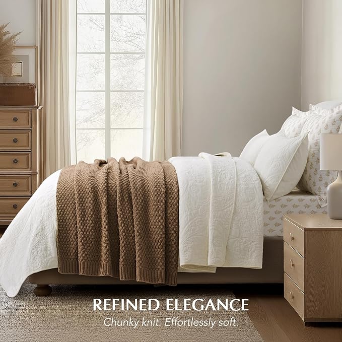 EVERGRACEHOME Chunky Chenille Knit Throw Blanket for Couch, Soft Luxurious Moss Stitch Blankets for Bed, Cozy Decorative Farmhouse Knitted Throws for Sofa, Camel Brown, 60" x 80"
