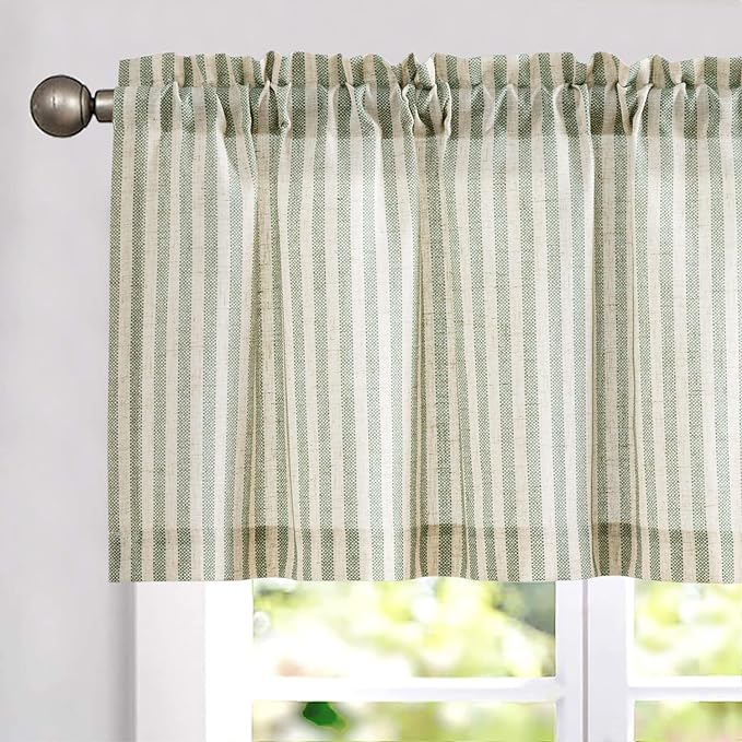 jinchan Valance Curtain Linen Textured Striped Window Curtain for Living Room Light Filtering Farmhouse Valance for Kitchen Rod Pocket 1 Panel 16 Inch Sage Green on Linen 1 Panel