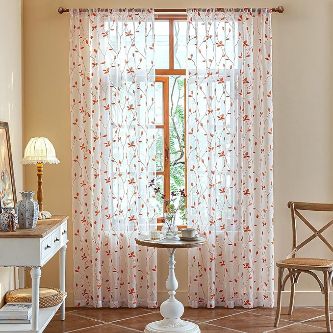 AmHoo 2 Panels Embroidered Leaf Pattern Semi Sheer Curtains Foliage Floral Voile Window Draperies Treatment for Bedroom Living Room Rod Pocket White Burnt Orange 53 x 95 Inch