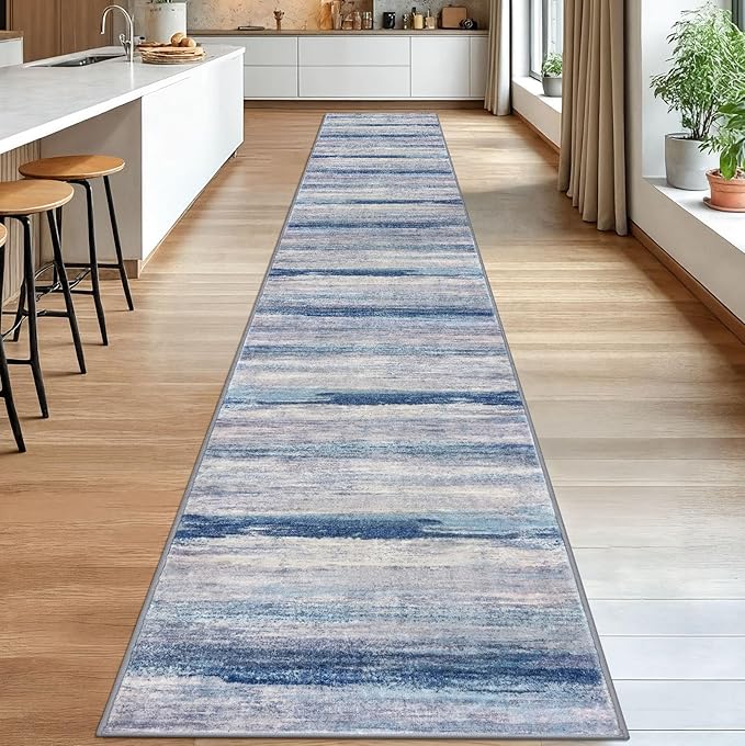 KOZYFLY Modern Abstract Washable Long Rug Runner 2.6x18 Hallway Rug Runner Non-Slip Soft Stair Runners, Blue/Grey/Beige Striped 18 feet Runner Rug for Kitchen Entryway Bathroom Foyer