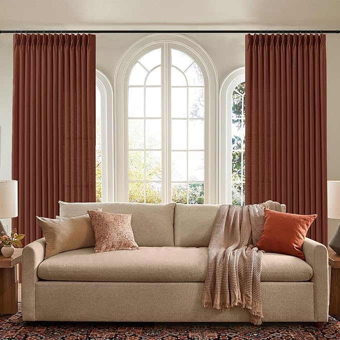 IVAPUPU Extra Long Pinch Pleated Curtains 108 Inch Long for Living Room, Semi Sheer Pinch Pleat Curtain Memory Trained Light Filtering Back Tab Linen Drapes for Bedroom, Chestnut Brown, 2 Panels
