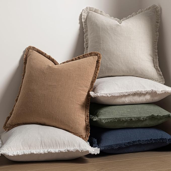MIULEE Decorative Throw Pillow Covers Neutral Linen Fringe Throw Pillows Set of 2 Natural Beige Boho Farmhouse Cushion Covers with Tassels for Couch Sofa Bed Spring Home Decor 20x20 Inch