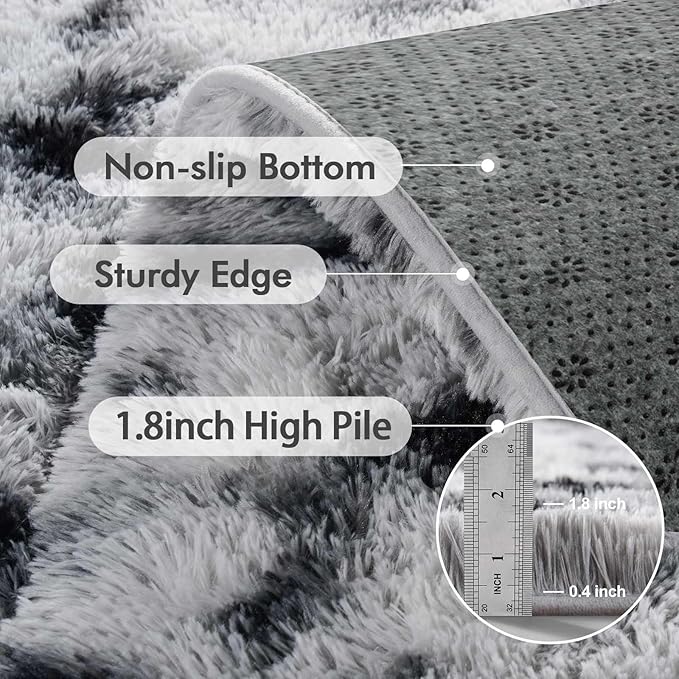 5x7 Ft Large Shag Rugs for Bedroom Living Room Decor for Men Boys, Tie Dyed Ultra Soft Fluffy Furry Area Rug for Indoor Floor, Aesthetic Carpet for Home Decor (Black White)