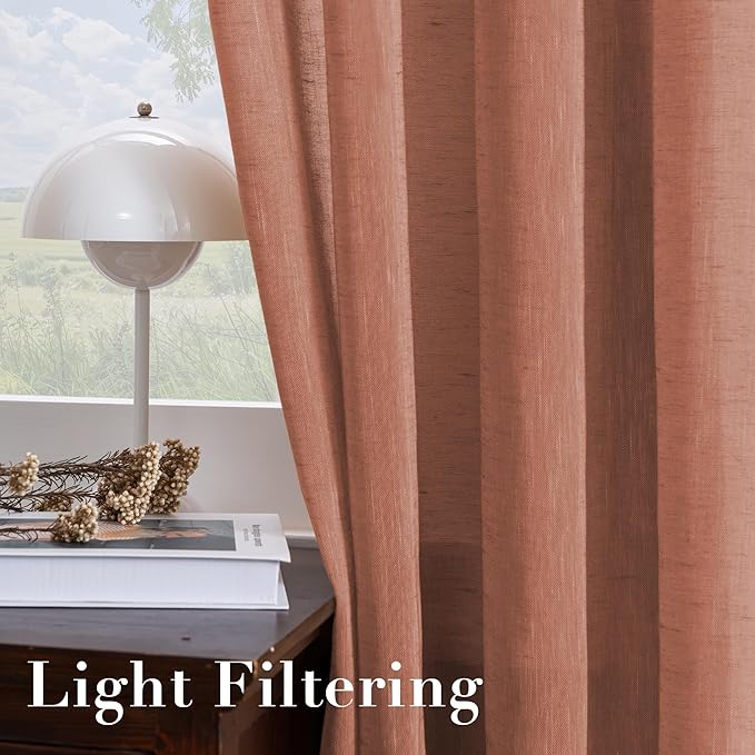 H.VERSAILTEX Linen Curtains Natural Linen Blended Curtain Panels for Living Room/Light Reducing Linen Semi Sheer Curtains 2 Panels Set Nickel Grommet Window Panels (52x84 Inch, Terracotta)