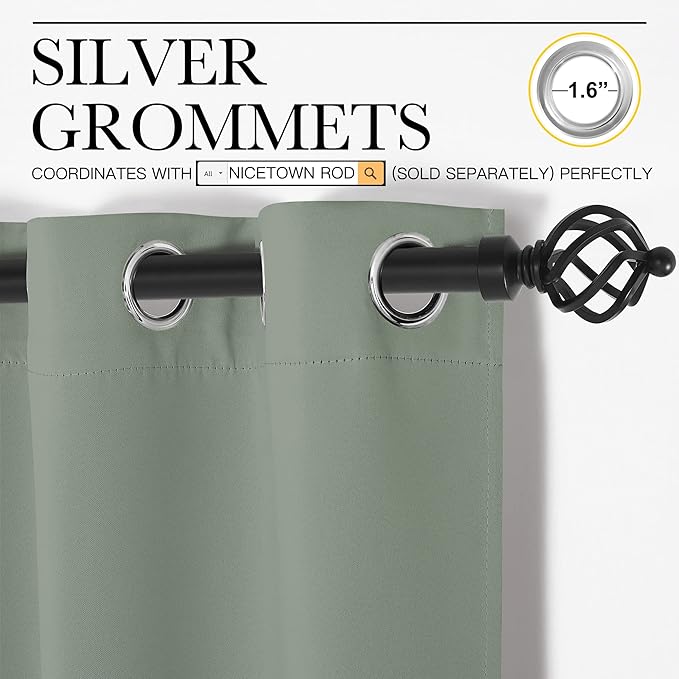 NICETOWN Bedroom Curtain Panels Blackout Draperies, 1 Pair, 29 by 40 inches, Greyish Green, Thermal Insulated Solid Grommet Blackout Curtains/Drapes for Small Window