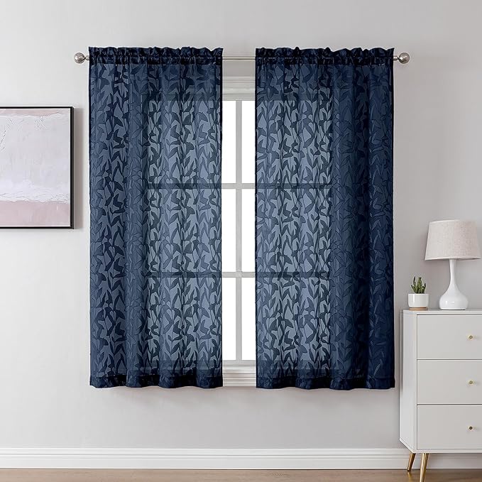 Lecloud Leia Navy Blue Sheer Curtains 45 Inch Length 2 Pcs, Dual Rod Pocket Jacquard Leaf Textured Window Curtains for Bedroom, Elegant Home Decor Drapes for Living Room, Each Panel 28" W x 45" L