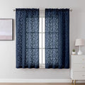 Lecloud Leia Navy Blue Sheer Curtains 45 Inch Length 2 Pcs, Dual Rod Pocket Jacquard Leaf Textured Window Curtains for Bedroom, Elegant Home Decor Drapes for Living Room, Each Panel 28" W x 45" L